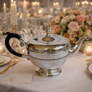 May include: A silver teapot with a black handle and a decorative lid, set on a white tablecloth. The teapot is surrounded by candles, flowers, and other tableware, suggesting a formal dining setting.
