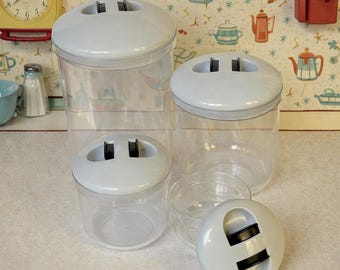 Set Of 4 Canisters By Metro Vacuum Seal: Clear Hard Plastic Several Sizes, Vintage Retro Kitchen Decor