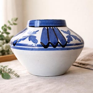 Vintage Blue & White Ceramic Vase | Hand-Painted Pottery | Unique Floral Abstract Design | Mid-Century Style Decorative Vessel