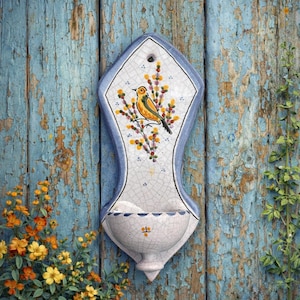 Vintage Spanish Ceramic Holy Water Font: Bird on Branch Hand-painted Stoup, Artist Signed Bruno Puente Del Arzobispo, Faience Pottery Rustic