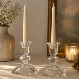 Vintage Clear Crystal Candlestick Holders Set of 2: 4” Tall Hexagon Base Taper Candle Stands, Elegant Glass Dining Table Centerpiece Decor