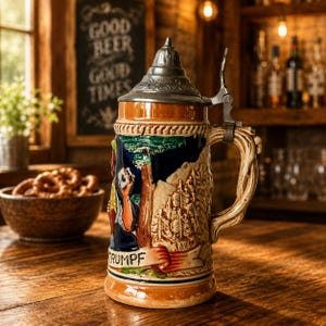 May include: A ceramic beer stein featuring a detailed relief of a forest scene and a person, topped with a decorative metal lid and a hinged handle. The base includes a banner with the text TRUMPF, and the body displays earthy tones.