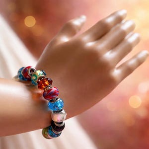 Trollbeads Style Bracelet: Spacer Bead Cuff With 14 Colorful pandora Style Glass Beads Bangle