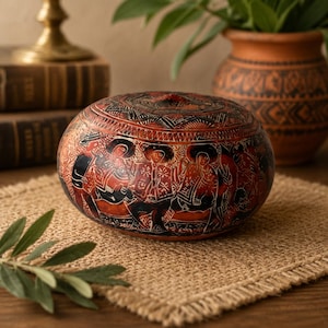 May include: A round, lidded gourd container featuring a reddish-brown surface with intricate black etched illustrations of figures in traditional attire. The lid and body are decorated with detailed geometric patterns and fine line work.