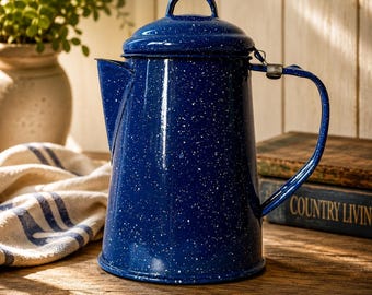 Vintage Blue Speckled Enamelware Coffee Pot | Unbranded 7.5" Tall Campfire Kettle, Utilitarian Design, Rustic Farmhouse Cabin Decor