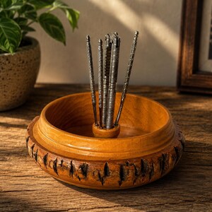 Vintage Nut Bowl Set: Ellwood Rusticware Live Edge Wood Bark with H.M. Quackenbush Nutcracker & 4 Picks — Mid-Century Modern Cabin Decor