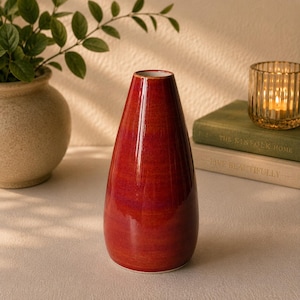Studio Art Pottery Bud Vase Signed Lauren Burman "Material Good":  Poppy Red Glaze Accent, Discontinued Seattle Minimalist Modern Decor
