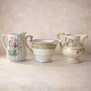 Set of 3 Small Pitchers, Mismatched Mini Creamer Curated Collection, Vintage Porcelain Jar Eclectic Home Decor, Window Curio Cabinet Display