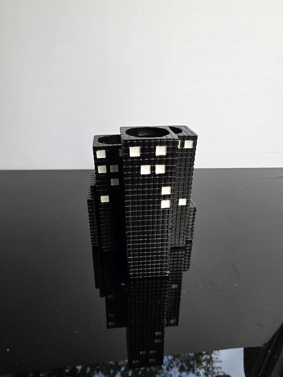 Y2K 90s Cityscape Pencil Brush Pen Holder | Retro Black Organizer Vtg Desk Decor