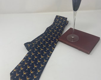 Vintage Josh Bach Navy Bue Necktie with Girl in a Martini Glass Design, Bar Tie