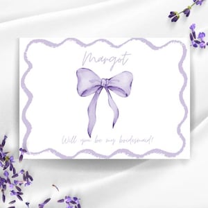 Carte de proposition de demoiselle d'honneur personnalisée avec noeud lilas