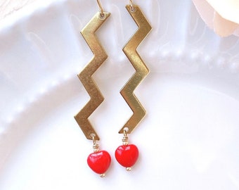 Way To My Heart Earrings, Small Red Heart Gold Earrings, Brass Zigzag Long Earrings, Wavy Bar, Puffy Heart Dangle Earrings, Valentine’s Gift