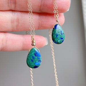 Natural Azurite Necklace, Gold Filled Necklace, Teardrop Azurite Necklace, Healing Gemstones, Azurite Malachite Pendant, Woman Necklace Gift