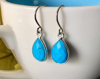 Turquoise Earrings, December Birthstone, Bezel Gemstone Teardrop Earrings, Wedding, Bridesmaids Gift, Birthday Gift For Her, Silver Earrings