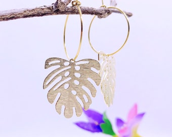 Monstera Leaf Earrings, Monstera Hoop Earrings, Monstera Leaf Hoop Earrings, Small Brass Hoop Earrings, Tropical Earrings, Bohemian Earrings