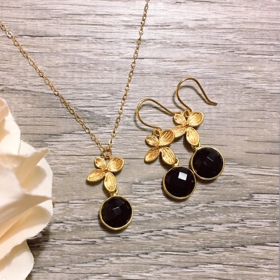Black Onyx Jewelry Set Necklace Earring Set Gold Orchid Pendant
