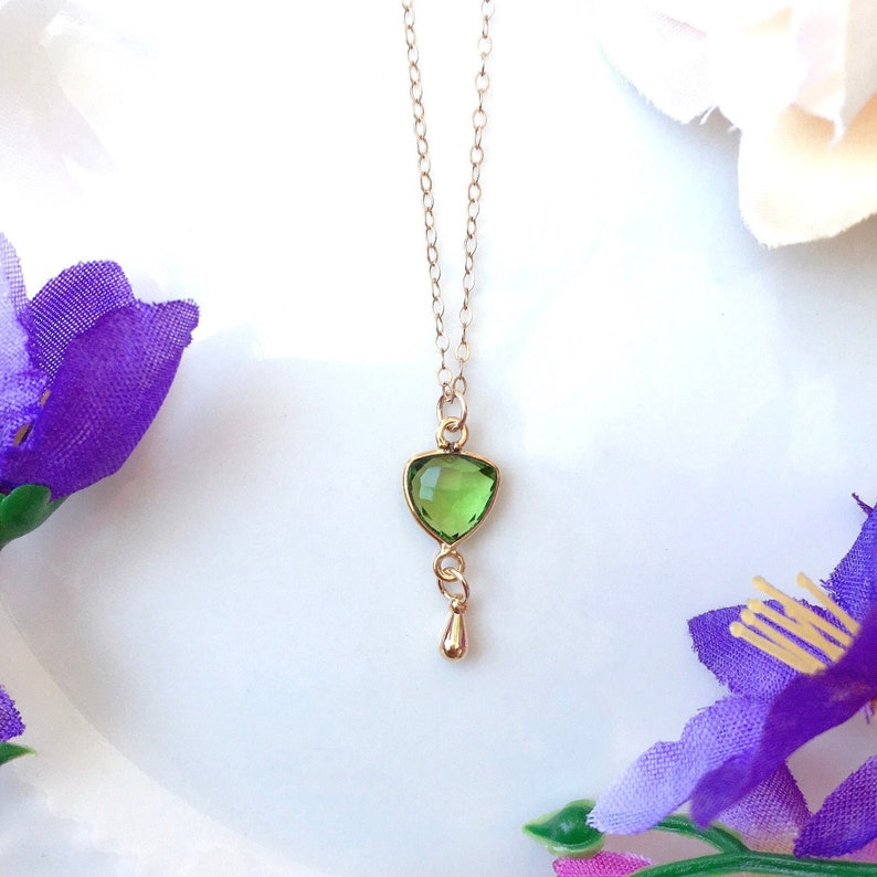 Triangle Necklace Tiny Gold Teardrop Gold Filled Necklace August Birthstone Necklace Peridot Necklace Peridot Jewelry Peridot Crystal