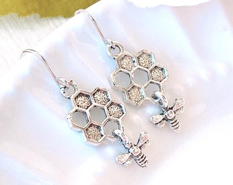 Honeycomb Earrings, Little Bee Earrings, Silver Dangle Earrings, Geometric, Hexagon, Cute Gift, Girl Woman Earrings, Nature Summer Earrings