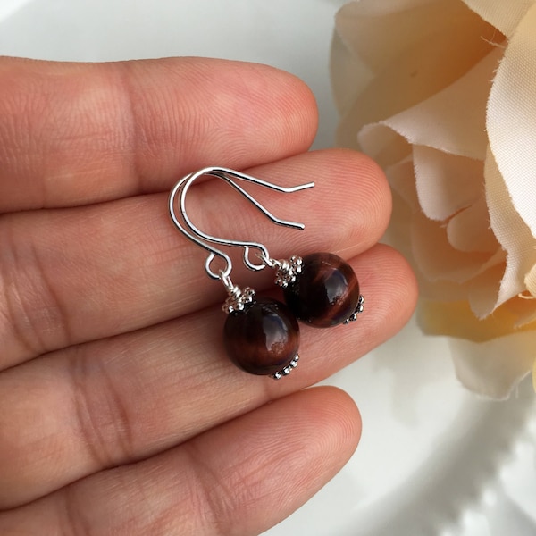 Tigers Eye Earrings, Red Tigers Eye Earrings, Tiger Eye Beads, Gemstone Earrings, Silver Earrings, Short Dainty, Small Tigers Eye Earrings