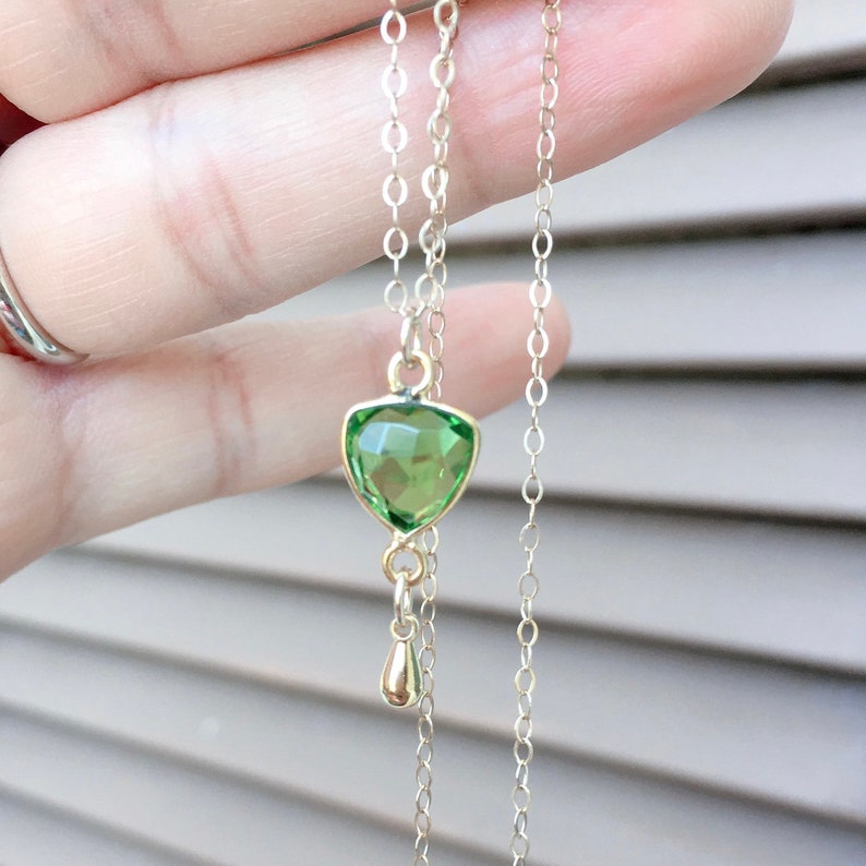 Triangle Necklace Tiny Gold Teardrop Gold Filled Necklace August Birthstone Necklace Peridot Necklace Peridot Jewelry Peridot Crystal