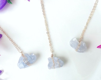 Raw Blue Celestite Necklace, Rough Celestite Pendant, Wire Wrapped Crystal Necklace, 14K Gold Fill, Gemstone Necklace, Healing Stone, Gift
