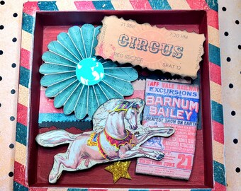 Circus Shadow box vintage style 3D wall art sign Curiosity wooden art curio assemblage home decor horse
