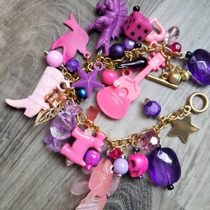 Pink and purple charm bracelet pink jewelry/ fidget figit jewelry gold toggle chain