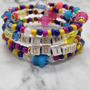 Pink Blue yellow motivational beaded stretch memory bracelet w gold hearts stars dice neon keep going s* prevention stack bracelets