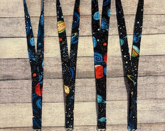 Solar System Fabric Lanyard, Space-Themed Teacher Lanyard, Planet Badge Holder, Galaxy Keychain Strap, Handmade ID Holder, Astronomy Gift