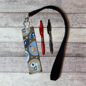 Fabric Pen Holder for Lanyards - holds 1 or 2 pens or pencils - Teacher Lanyard Pen Holder Gift: Brown Dog Puppy Fabric