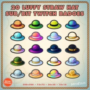 Luffy Straw Hat Badges: Anime Twitch Streamer Icons (20 PNG Set)