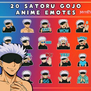 20 Satoru Gojo Anime Emotes (JJK inspired) – Twitch & Discord PNG Pack | Transparent, Instant Download