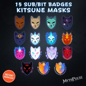 Kitsune Mask Twitch Sub Badges (15 Pack) • Fox Spirit/Oni Bit Badges PNG • Kawaii Stream & VTuber Icons • Instant Download