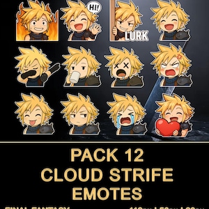 12 schattig Chibi Cloud Strife-emotepakket voor Twitch, Discord en YouTube | Op Final Fantasy VII geïnspireerde chibi-emoji's | Streamer-overlay-items