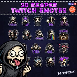 20 Reaper Twitch Emotes Pack – Grim Reaper Cute Chibi PNG, Skull Emotes for Discord/YouTube, Transparent, Instant Download, Halloween