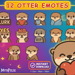 12 Cute chibi Otter Twitch Emotes Pack – Kawaii Animal Streamer Emojis for Discord & Twitch
