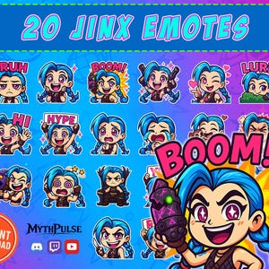 20 Jinx Emotes Pack | Cute Chibi LOL Twitch & Discord PNG | Emoji Set - Instant Digital Download