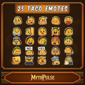 25 Emote Taco - Pacchetto Emote Twitch Chibi Food / Emote Kawaii Taco Chat per Streamer e Discord / Emote Messicane Divertenti e Carine per l'Uso in PNG