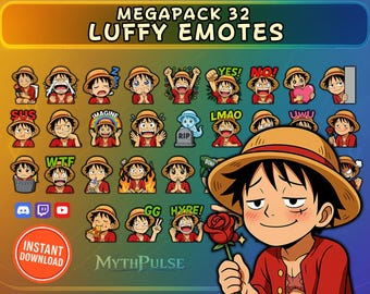 32 Luffy Pirate Chibi Emotes Pack (Anime Inspired) – Twitch & Discord Set | Stream Stickers