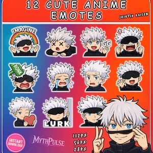 12 Cute anime Gojo Satoru JJK Emotes – Chibi Twitch/Discord Reactions Pack (Bonk, GG, Lurk, Heart)