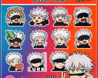 12 Cute anime Gojo Satoru JJK Emotes – Chibi Twitch/Discord Reactions Pack (Bonk, GG, Lurk, Heart)
