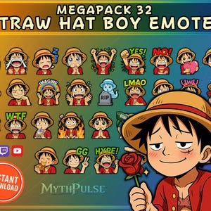 32 Luffy Pirate Chibi Emotes Pack (Anime Inspired) – Twitch & Discord Set | Stream Stickers