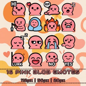 Pink Blob Emotes Pack (16) • Kawaii Twitch/Discord Emoji PNG • Cute Chibi Reactions for Stream & VTuber • Instant Download