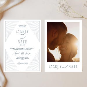 ミニマルなアールデコ調の結婚式招待状テンプレートパック、白黒、Canvaで編集可能なスイート、招待状、詳細カード、RSVPカード