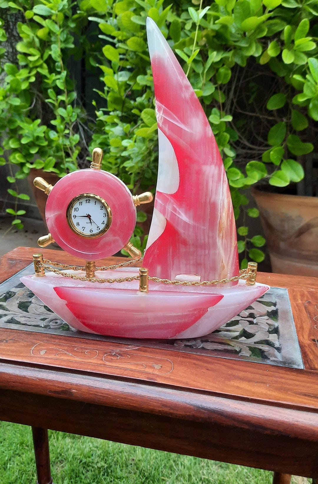 Sailboat Rocking Clock Handcrafted Onyx Stone Sailboat With Vintage Clock – for Home or Office ...
