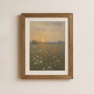 Printable Wall Art English Wildflower Meadow at Sunset Country Floral Landscape Romantic Nature Painting Digital Download Print