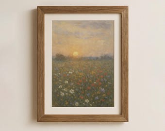 Englische Wildblumen Wiese Landschaft, Sonnenuntergang Kunstdruck (Digital Download)
