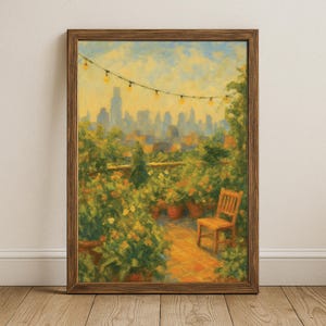 Rooftop Garden NYC Art Print, Summer City Wall Art, Digital Download, New York Skyline with Flowers, Printable Urban Terrace Decor