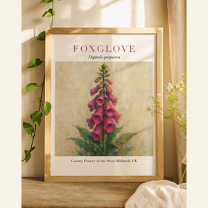 Fingerhut botanischer Druck, Vintage-Stil Wildblumen Wandkunst, Landkreis Blume von West Midlands, Cottagecore Floral druckbare Kunst
