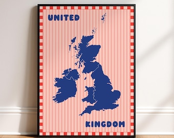 Kaart afdrukken Verenigd Koninkrijk, kunst aan de muur maximalisme, reisposter, kleurrijk decor geografie, digitale download